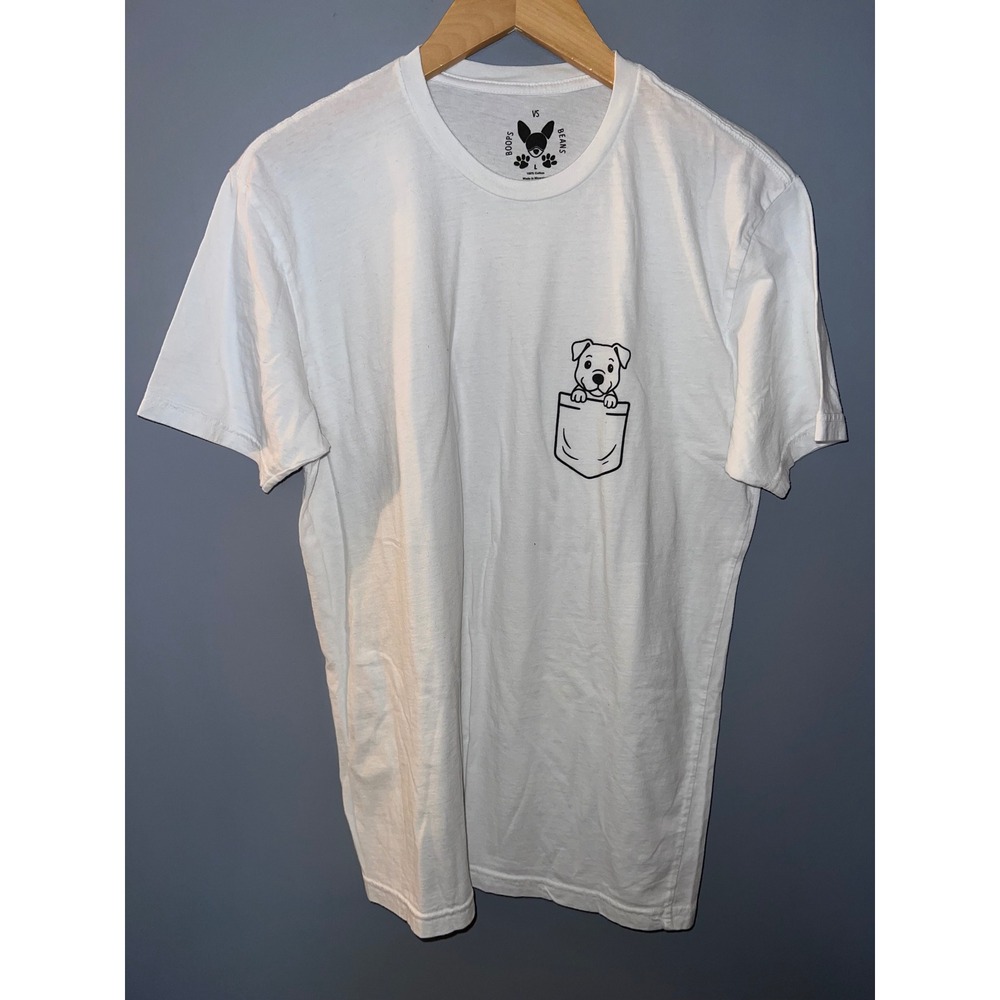 Boops‎ & Beans Mens Large White Puppy Pocket Graphic T-Shirt 100% Cotton Tee L